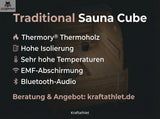 Wooden sauna cube with text highlighting features on a dark background