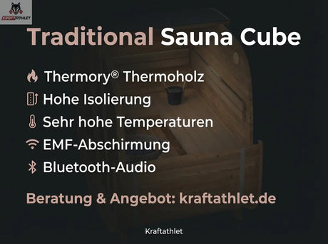 Wooden sauna cube with text highlighting features on a dark background