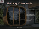 Wooden sauna with Thermory Thermoholz branding and features listed.