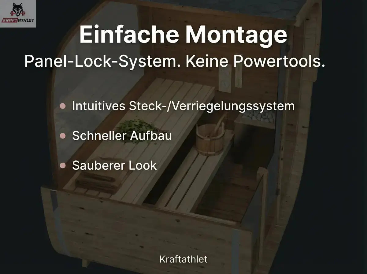 Wooden storage unit with panel-lock system and text about assembly ease and features.