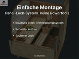 Wooden storage unit with panel-lock system and text about assembly ease and features.