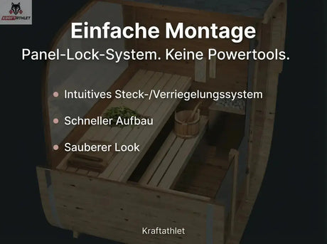 Wooden storage unit with panel-lock system and text about assembly ease and features.