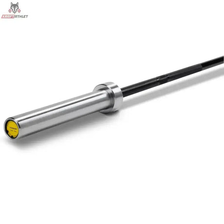 Titanium Strength Power 2,01 m Olympische Hantelstange Schwarzes Zink, Detail der Hülse mit gelber Endkappe