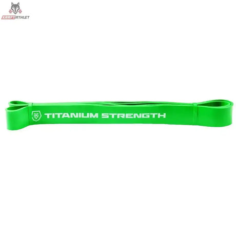 Titanium Strength RB45 Widerstandsband Grün, einzelnes Band flach liegend mit weißem Markenschriftzug, Seitenansicht