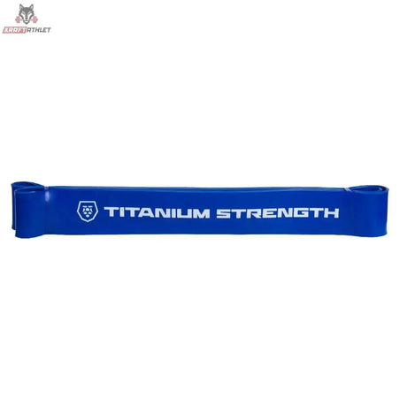 Titanium Strength RB65 Widerstandsband Blau, Seitenansicht des geschlossenen Bands mit weißem Logo