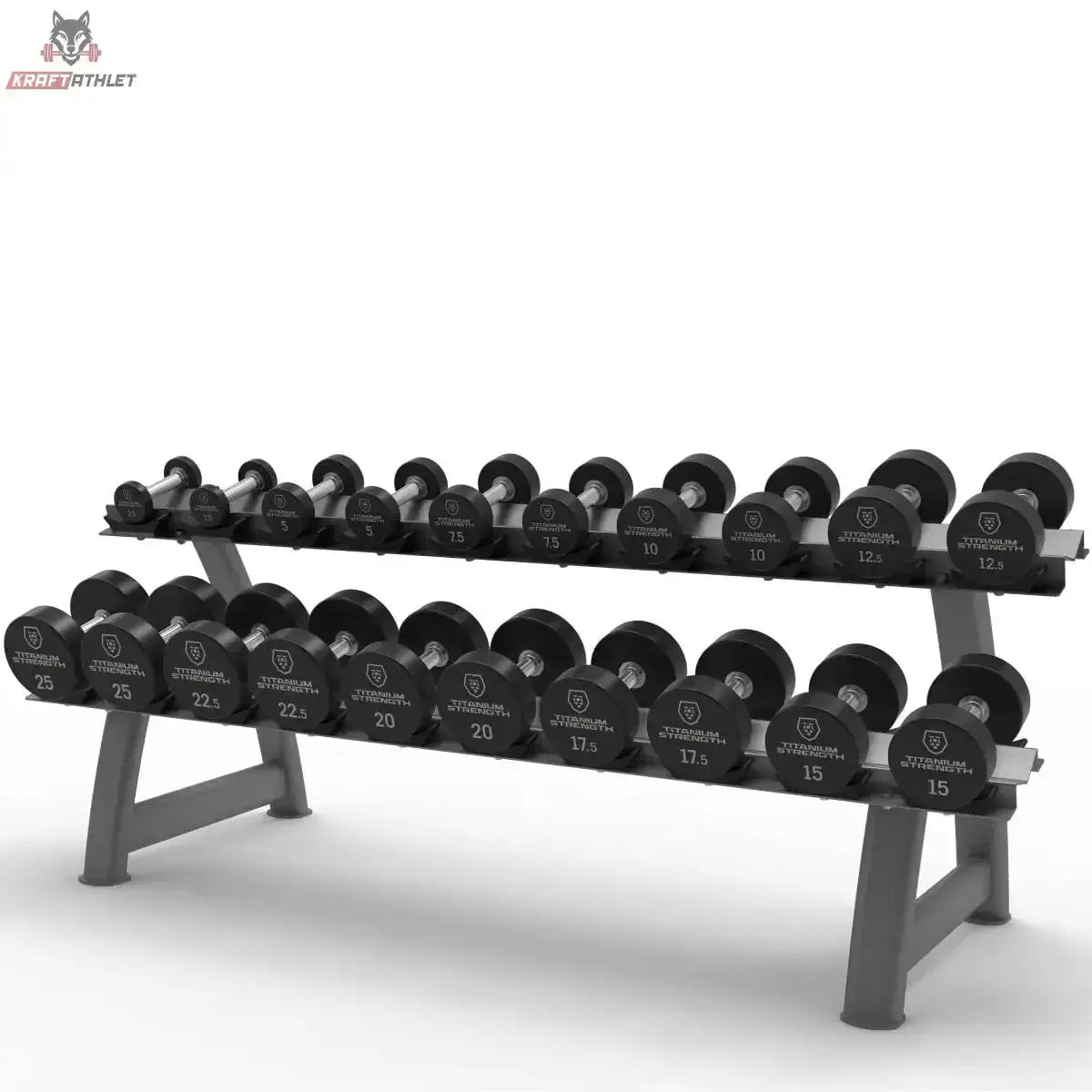 Titanium Strength Set aus runden Pro-PU-Hanteln 2,5–25 kg + Rack Titanium Strength