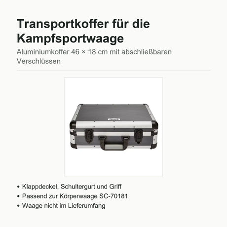 Technische Daten Transportkoffer für Kampfsportwaage: Aluminium, 46 × 18 cm, abschließbare Metallverschlüsse