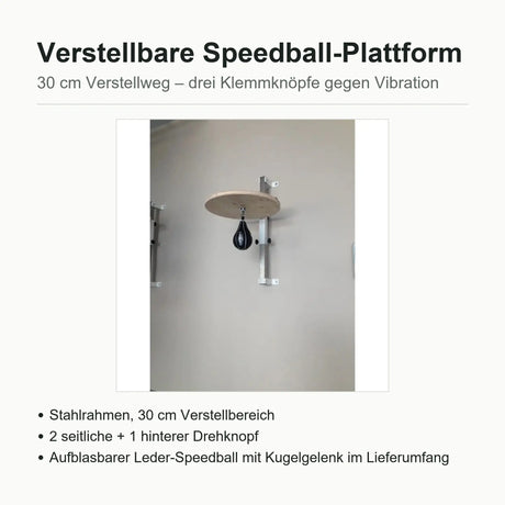Technische Daten Speedball-Plattform: Verstellweg 30 cm, drei Klemmknöpfe, Konstruktion 40 kg