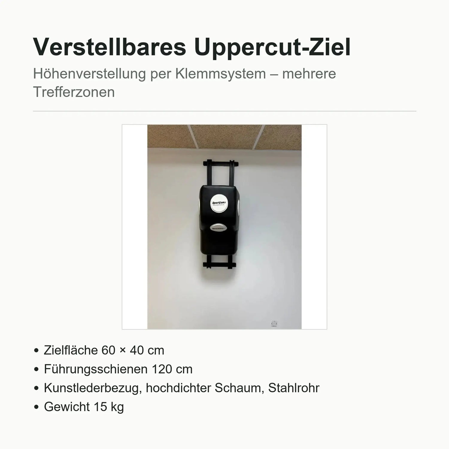 Technische Daten Uppercut-Ziel: Schlagfläche 60 × 40 cm, Führungsschienen 120 cm, Gewicht 15 kg