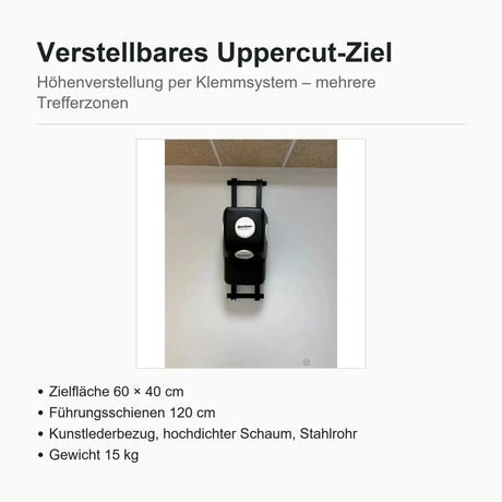 Technische Daten Uppercut-Ziel: Schlagfläche 60 × 40 cm, Führungsschienen 120 cm, Gewicht 15 kg