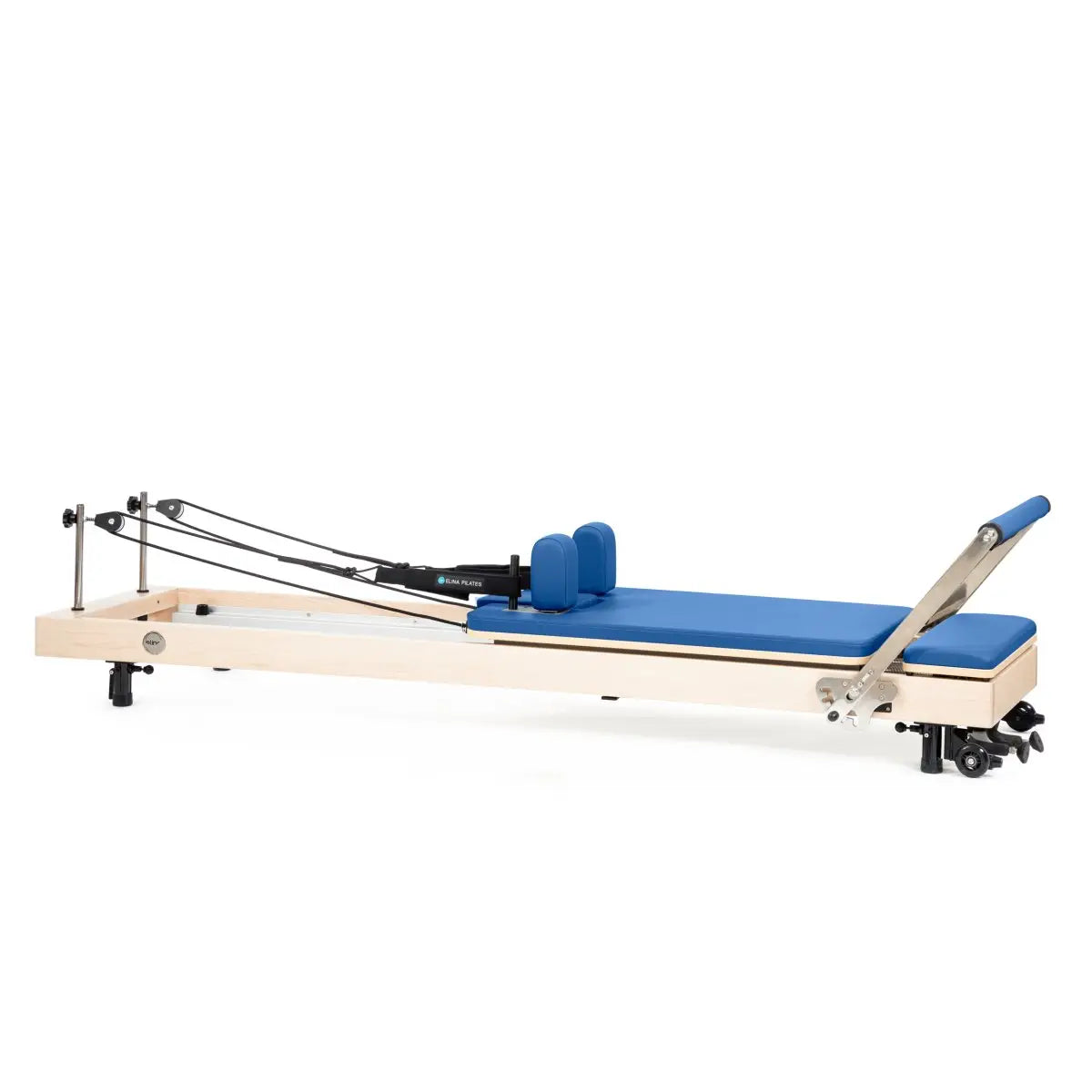 Vertikaler Pilates Reformer in Blau, Seitenansicht