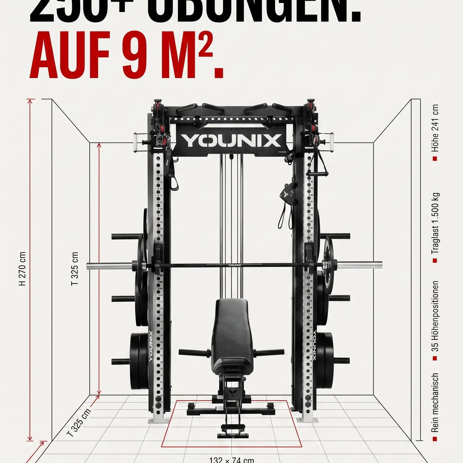 Maßskizze Younix Cable Rack Bundle im Raum: 132 × 74 cm Stellfläche, 250+ Übungen auf 9 m², Traglast 1.500 kg.