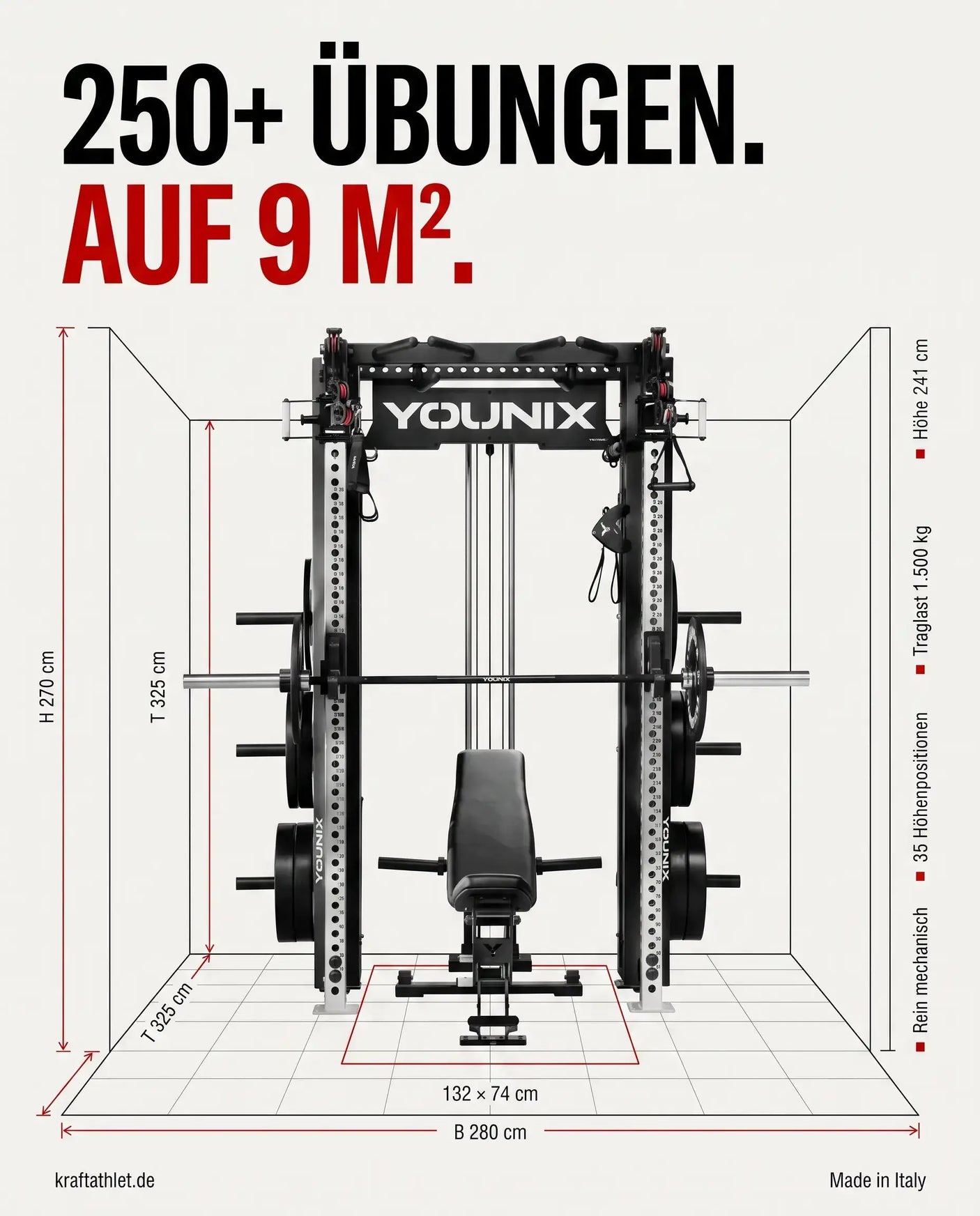 Maßskizze Younix Cable Rack Bundle im Raum: 132 × 74 cm Stellfläche, 250+ Übungen auf 9 m², Traglast 1.500 kg.