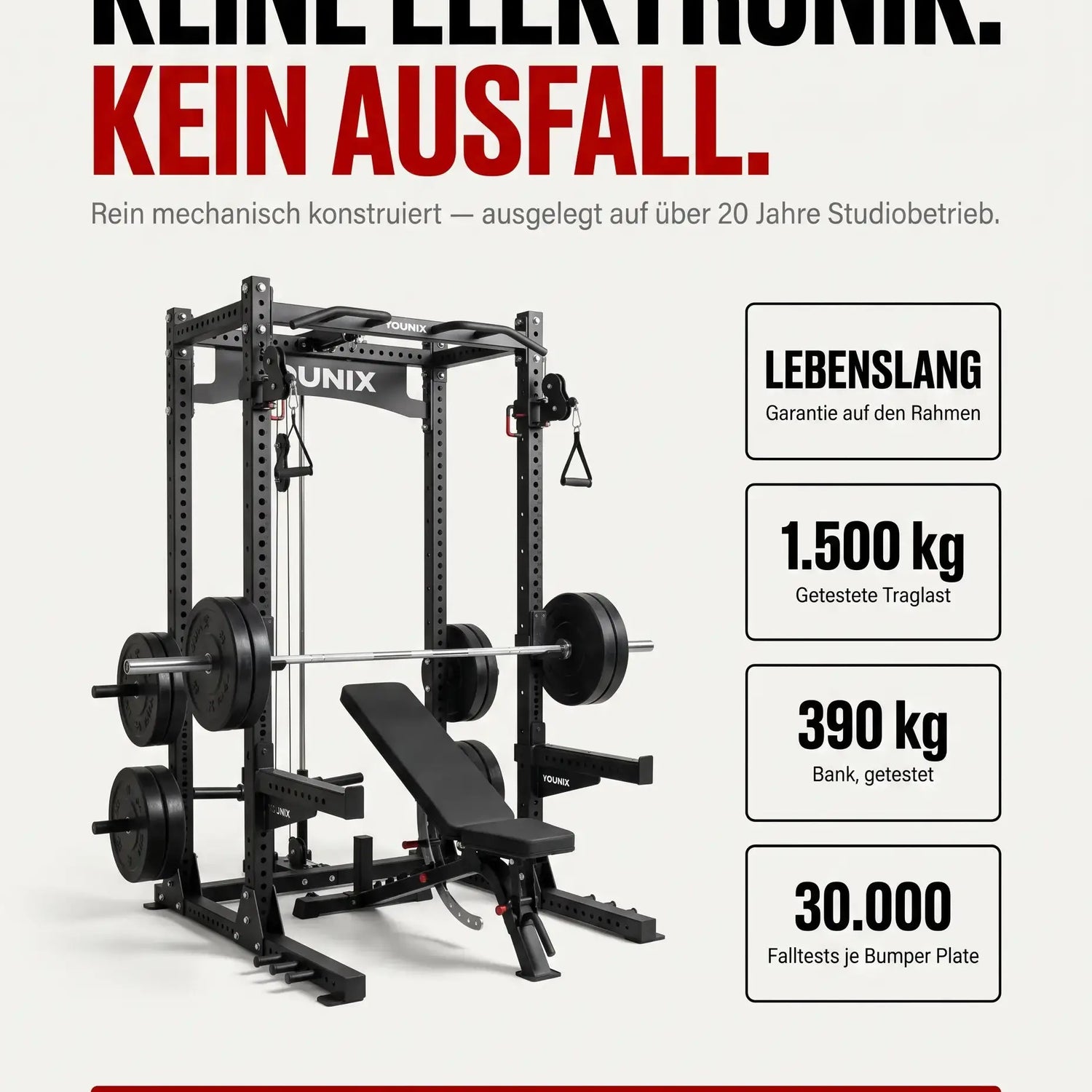 Younix Cable Rack Bundle mit Datenkarten: lebenslange Rahmengarantie, 1.500 kg Traglast, Bank bis 390 kg, rein mechanisch.