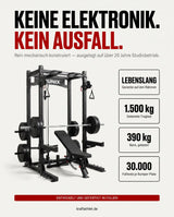 Younix Cable Rack Bundle mit Datenkarten: lebenslange Rahmengarantie, 1.500 kg Traglast, Bank bis 390 kg, rein mechanisch.