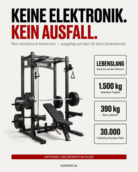 Younix Cable Rack Bundle mit Datenkarten: lebenslange Rahmengarantie, 1.500 kg Traglast, Bank bis 390 kg, rein mechanisch.