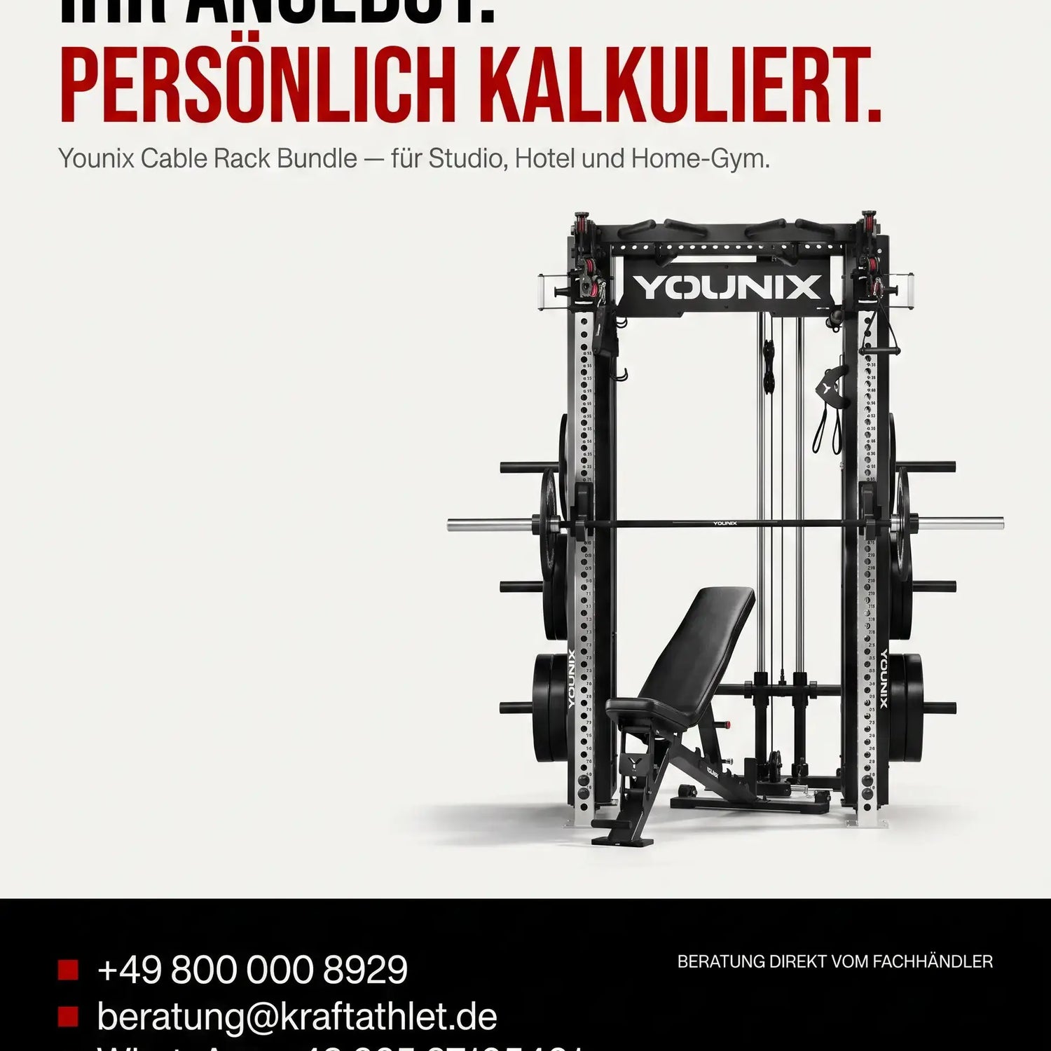 Kontaktgrafik Younix Cable Rack Bundle: Angebot anfragen per Telefon +49 800 000 8929, WhatsApp oder beratung@kraftathlet.de.