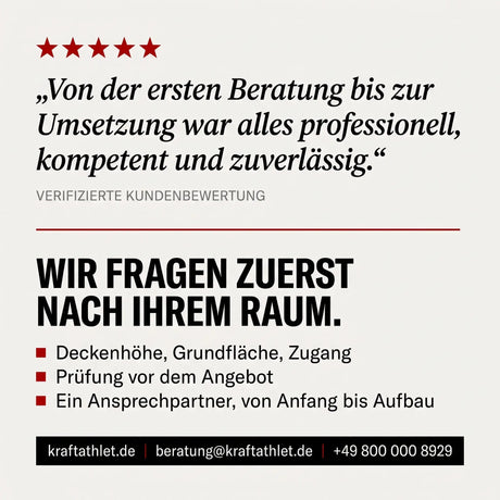 Kundenstimme Kraftathlet: fünf Sterne und der Beratungsablauf – Deckenhöhe, Grundfläche und Zugang werden vor dem Angebot geprüft.
