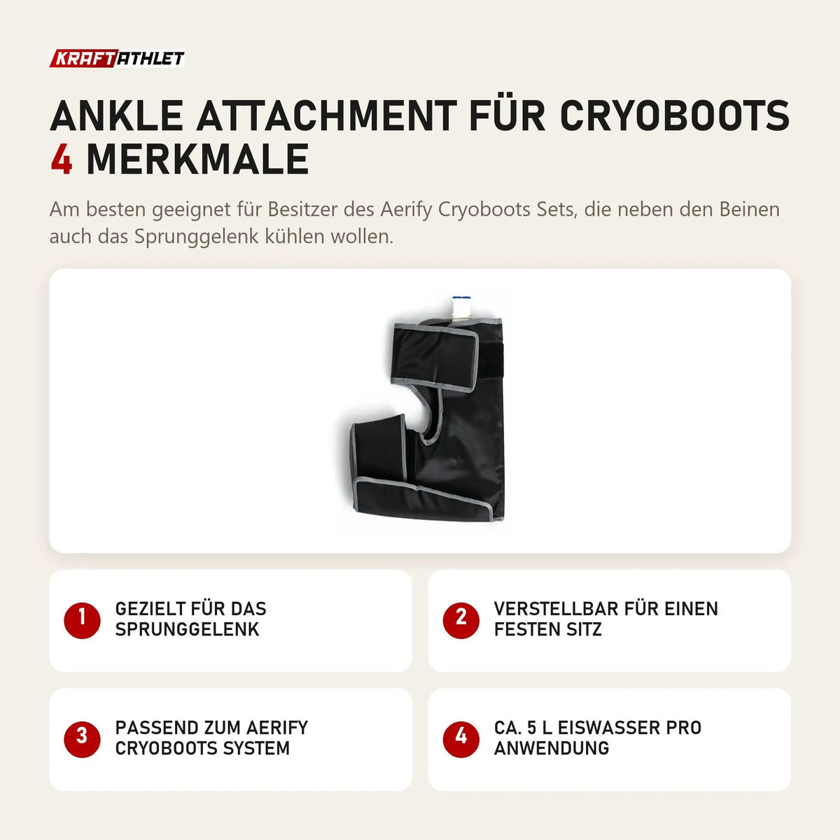 Aerify Ankle Attachment für Cryoboots mit 4 Merkmalen: Gezielt für das Sprunggelenk, Verstellbar für einen festen Sitz, Passend zum Cryoboots System, Ca. 5 l Eiswasser pro Anwendung