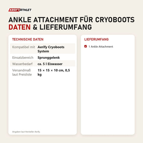 Technische Daten und Lieferumfang von Aerify Ankle Attachment für Cryoboots als Tabelle
