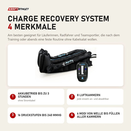 Aerify Charge Recovery System mit 4 Merkmalen: Akkubetrieb bis zu 3 Stunden, 8 Luftkammern, 16 Druckstufen bis 240 mmHg, 6 Modi von Welle bis Füllen aller Kammern