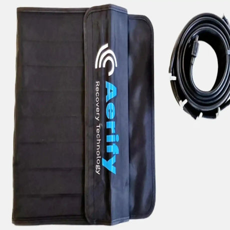Aerify Compression Belt für Standard, schwarzer Gürtel ausgebreitet mit Luftschlauch daneben