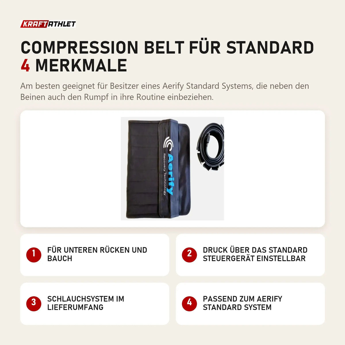 Aerify Compression Belt für Standard mit 4 Merkmalen: Für unteren Rücken und Bauch, Druck über das Standard Steuergerät einstellbar, Schlauchsystem im Lieferumfang, Passend zum Standard System