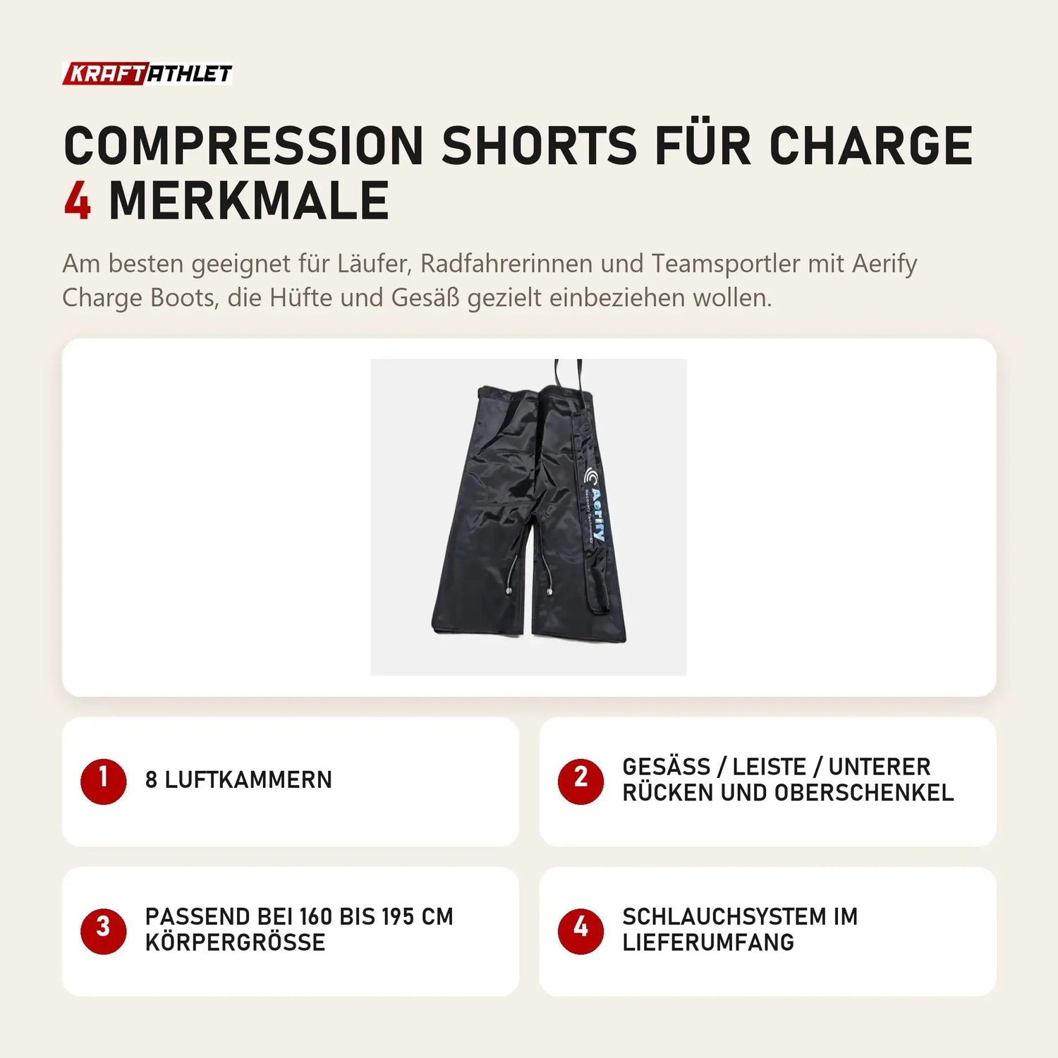 Aerify Compression Shorts für Charge mit 4 Merkmalen: 8 Luftkammern, Gesäß / Leiste / unterer Rücken und Oberschenkel, Passend bei 160 bis 195 cm Körpergröße, Schlauchsystem im Lieferumfang