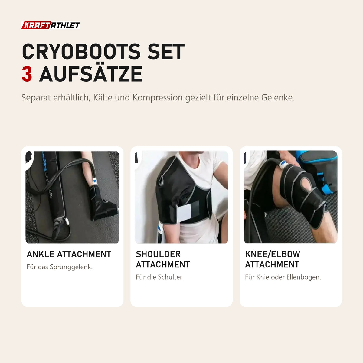Aerify Cryoboots Set, separat erhältliche Aufsätze für Sprunggelenk, Schulter sowie Knie und Ellenbogen
