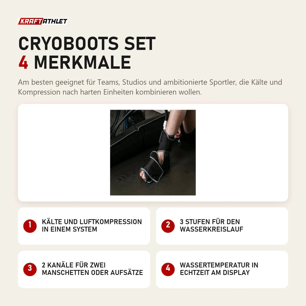 Aerify Cryoboots Set mit 4 Merkmalen: Kälte und Luftkompression in einem System, 3 Stufen für den Wasserkreislauf, 2 Kanäle für zwei Manschetten oder Aufsätze, Wassertemperatur in Echtzeit am Display