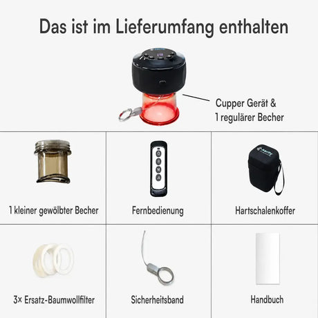 Aerify Dynamic Cupping, Grafik zum Lieferumfang mit Cupper, Bechern, Fernbedienung und Koffer