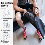Aerify Fly Wadenmanschetten als Schritt-Grafik in drei Schritten, daneben Anlegen an der Wade