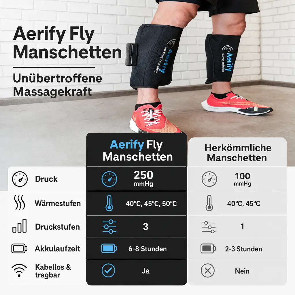 Aerify Fly Wadenmanschetten als Vergleichstabelle mit herkömmlichen Manschetten