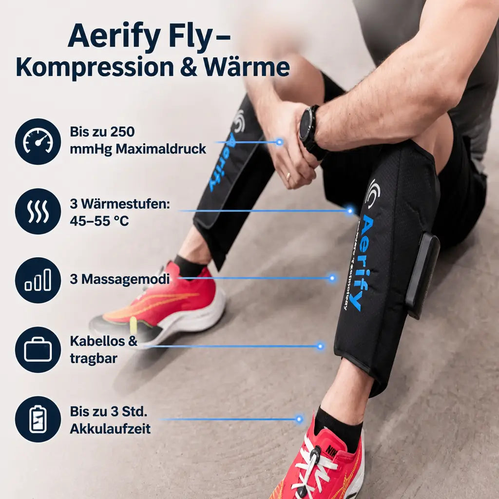 Aerify Fly Wadenmanschetten als Infografik mit Symbolen zu Druck, Wärmestufen und Akku