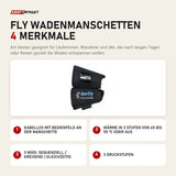 Aerify Fly Wadenmanschetten mit 4 Merkmalen: Kabellos mit Bedienfeld an der Manschette, Wärme in 3 Stufen von 45 bis 55 °C oder aus, 3 Modi: sequenziell / kreisend / gleichzeitig, 3 Druckstufen