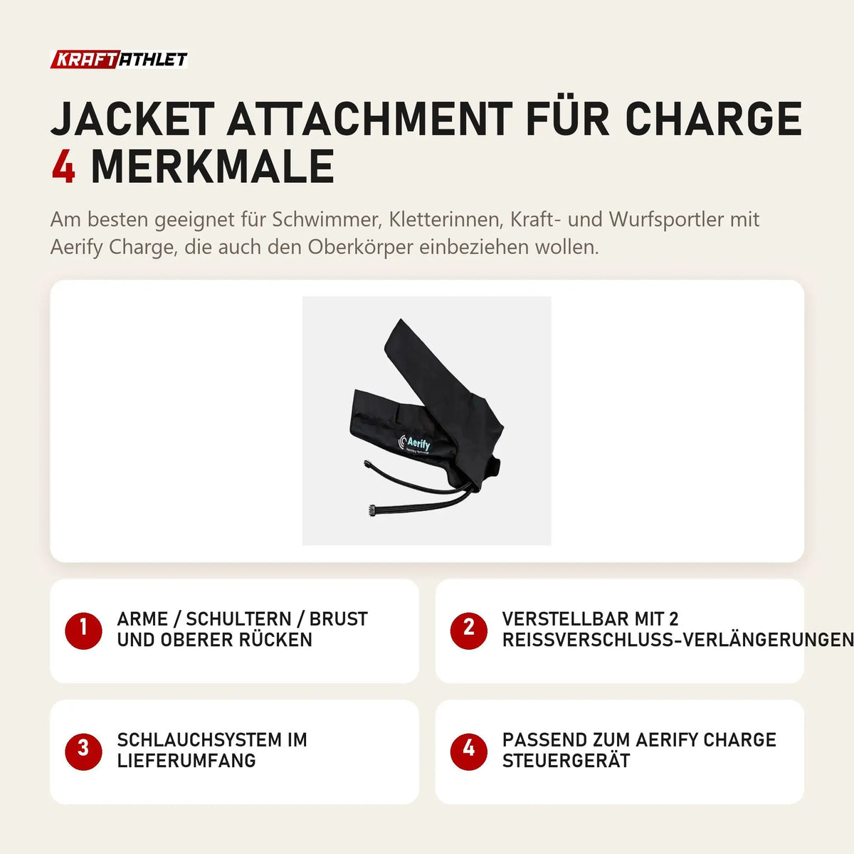 Aerify Jacket Attachment für Charge mit 4 Merkmalen: Arme / Schultern / Brust und oberer Rücken, Verstellbar mit 2 Reißverschluss-Verlängerungen, Schlauchsystem im Lieferumfang, Passend zum Charge Steuergerät