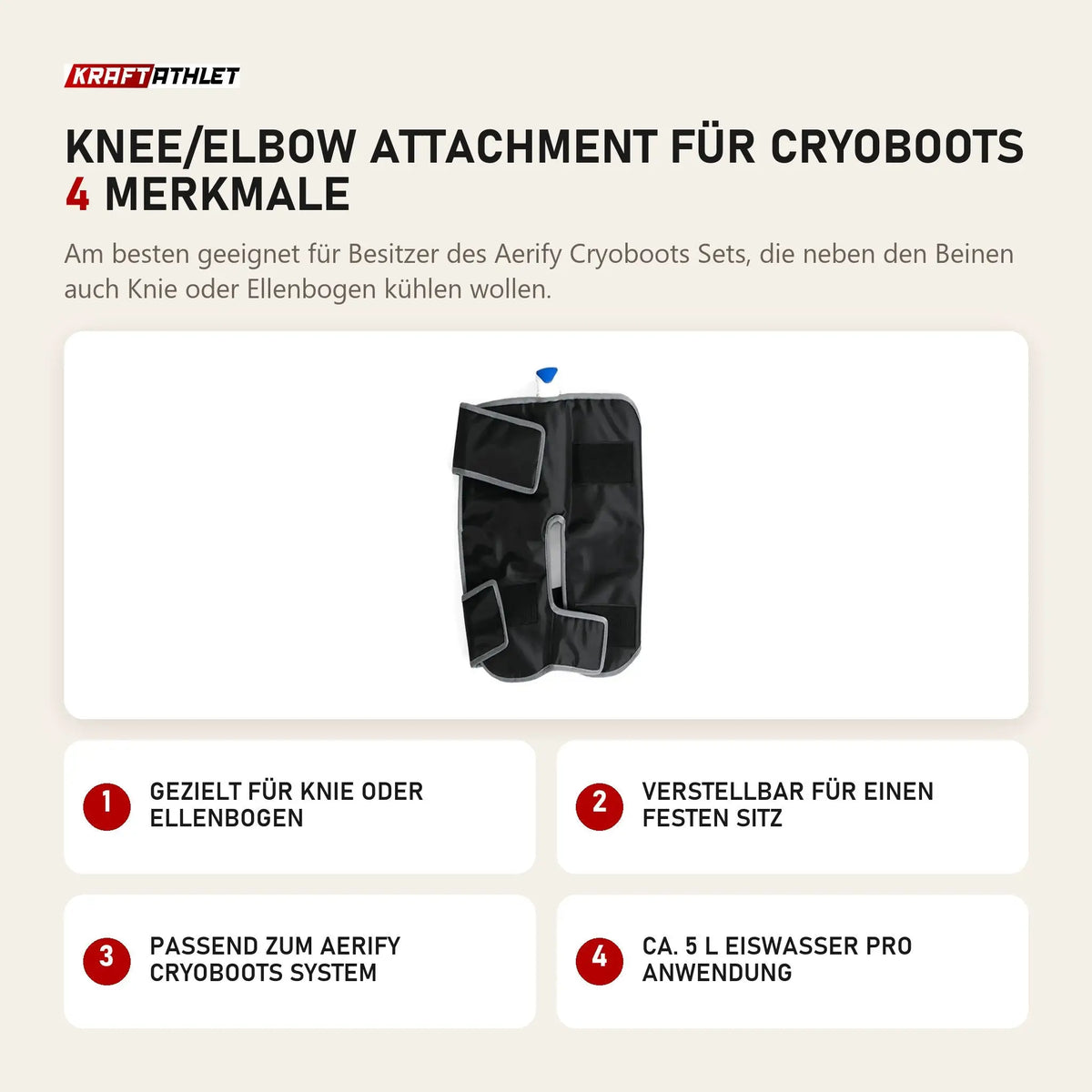 Aerify Knee/Elbow Attachment für Cryoboots mit 4 Merkmalen: Gezielt für Knie oder Ellenbogen, Verstellbar für einen festen Sitz, Passend zum Cryoboots System, Ca. 5 l Eiswasser pro Anwendung