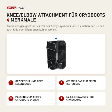 Aerify Knee/Elbow Attachment für Cryoboots mit 4 Merkmalen: Gezielt für Knie oder Ellenbogen, Verstellbar für einen festen Sitz, Passend zum Cryoboots System, Ca. 5 l Eiswasser pro Anwendung