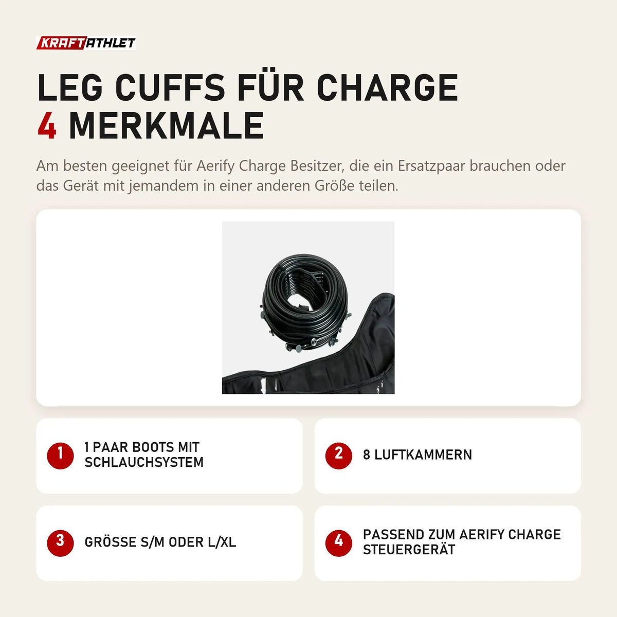 Aerify Leg Cuffs für Charge mit 4 Merkmalen: 1 Paar Boots mit Schlauchsystem, 8 Luftkammern, Größe S/M oder L/XL, Passend zum Charge Steuergerät