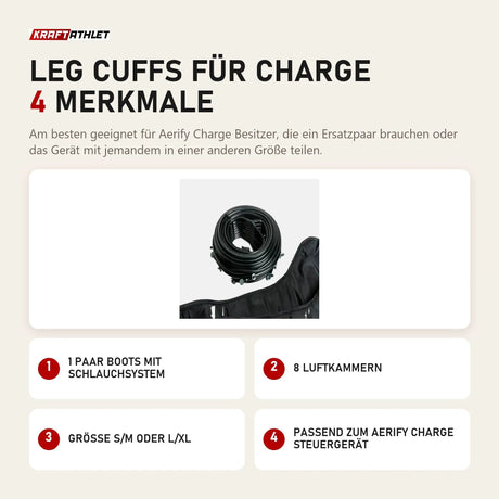 Aerify Leg Cuffs für Charge mit 4 Merkmalen: 1 Paar Boots mit Schlauchsystem, 8 Luftkammern, Größe S/M oder L/XL, Passend zum Charge Steuergerät