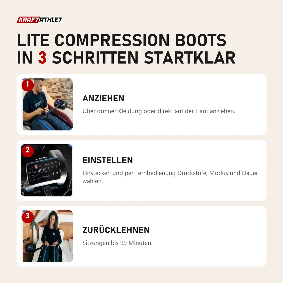 Aerify Lite Compression Boots in 3 Schritten: anziehen, einstecken und einstellen, zurücklehnen