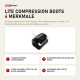 Aerify Lite Compression Boots mit 4 Merkmalen: 4 überlappende Luftkammern, 8 Druckstufen von 30 bis 240 mmHg, 6 Modi von Welle bis Füllen aller Kammern, Sitzungen von 1 bis 99 Minuten