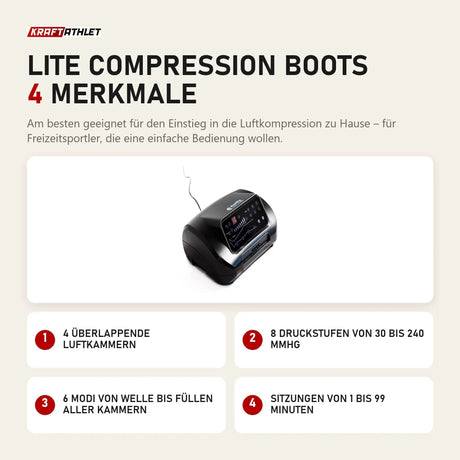 Aerify Lite Compression Boots mit 4 Merkmalen: 4 überlappende Luftkammern, 8 Druckstufen von 30 bis 240 mmHg, 6 Modi von Welle bis Füllen aller Kammern, Sitzungen von 1 bis 99 Minuten