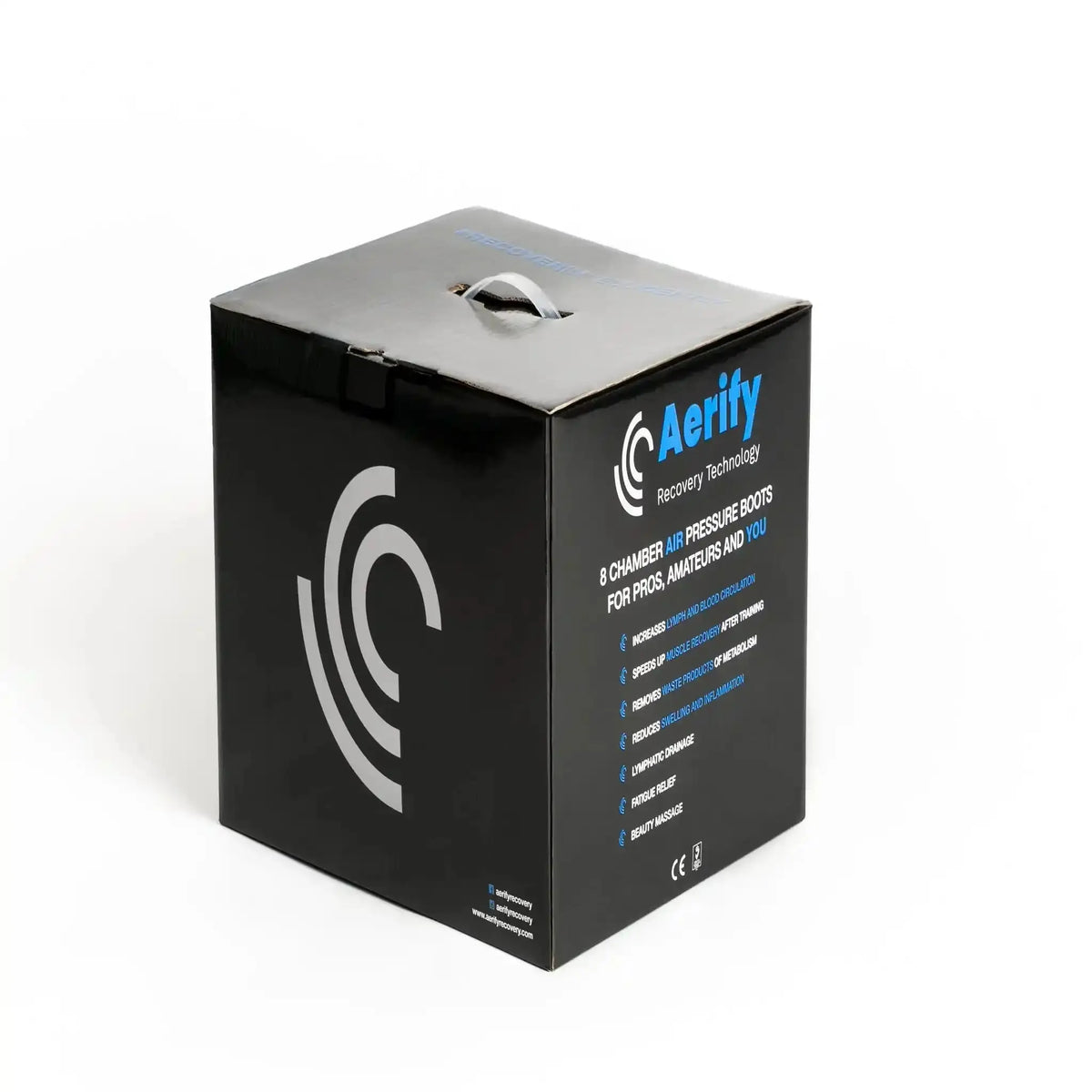 Aerify Lite Compression Boots: schwarze Verpackung mit Logo und Beschriftung, Schrägansicht