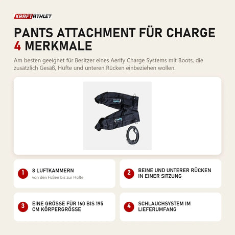 Aerify Pants Attachment für Charge mit 4 Merkmalen: 8 Luftkammern, Beine und unterer Rücken in einer Sitzung, Eine Größe für 160 bis 195 cm Körpergröße, Schlauchsystem im Lieferumfang