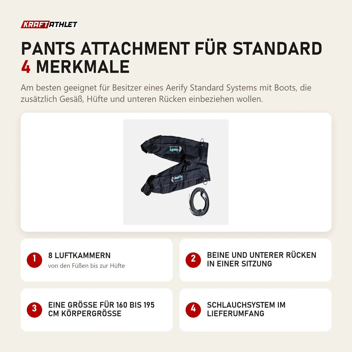 Aerify Pants Attachment für Standard mit 4 Merkmalen: 8 Luftkammern, Beine und unterer Rücken in einer Sitzung, Eine Größe für 160 bis 195 cm Körpergröße, Schlauchsystem im Lieferumfang