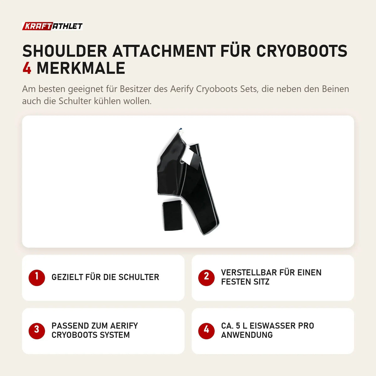 Aerify Shoulder Attachment für Cryoboots mit 4 Merkmalen: Gezielt für die Schulter, Verstellbar für einen festen Sitz, Passend zum Cryoboots System, Ca. 5 l Eiswasser pro Anwendung