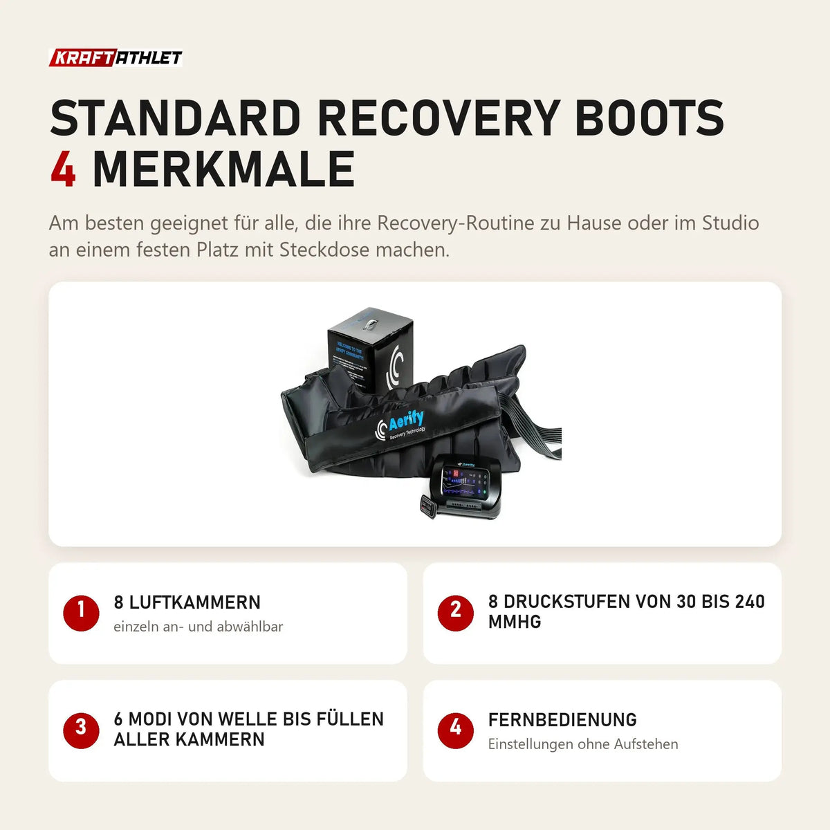 Aerify Standard Recovery Boots mit 4 Merkmalen: 8 Luftkammern, 8 Druckstufen von 30 bis 240 mmHg, 6 Modi von Welle bis Füllen aller Kammern, Fernbedienung
