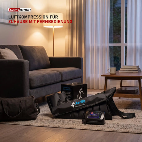 Aerify Standard Recovery Boots in einem ruhigen Wohnzimmer am Abend