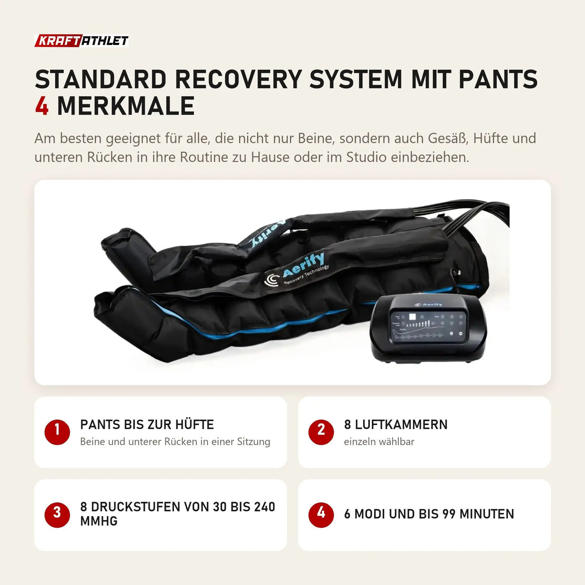 Aerify Standard Recovery System mit Pants mit 4 Merkmalen: Pants bis zur Hüfte, 8 Luftkammern, 8 Druckstufen von 30 bis 240 mmHg, 6 Modi und bis 99 Minuten